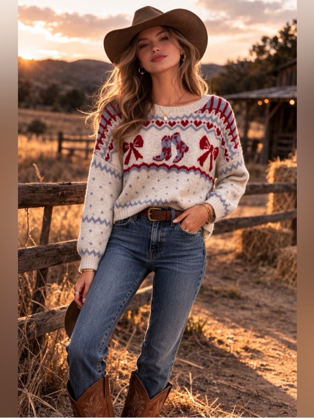 Haute Hippie Cream and Red Cowboy Boots and Bows Cropped Sweater NWT